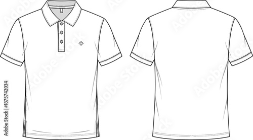 Men polo shirt technical flat sketch with collar and button placket, front and back views, short sleeve casual apparel outline vector template.