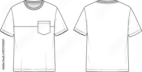 Men crew neck t shirt technical flat sketch with chest pocket detail, front and back views, short sleeve casual apparel outline vector template.
