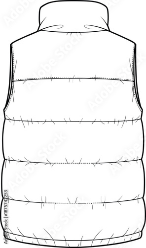 Puffer vest technical flat sketch back view, sleeveless quilted winter jacket with high collar, fashion outerwear design outline vector template illustration.