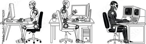 Robot office worker line art collection, humanoid android using computer workstation, artificial intelligence business technology vector isolated on white background