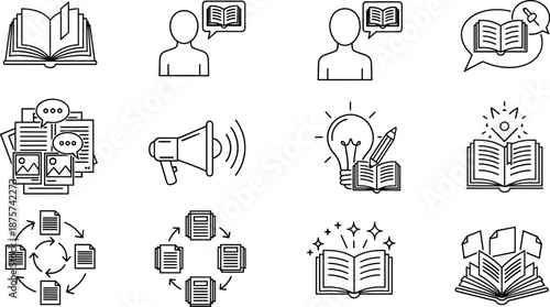 Education learning icon set, book reading communication creativity symbols collection, knowledge study outline vector isolated on white background