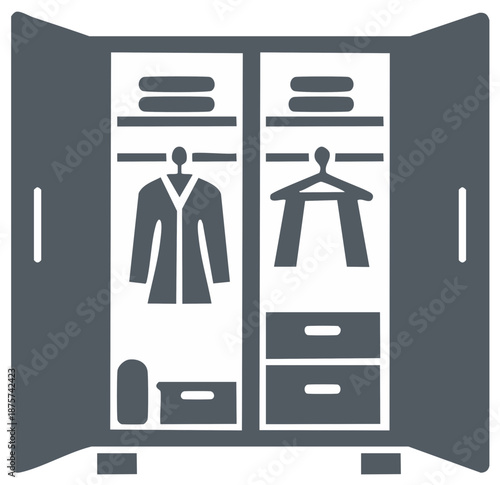 Open Wardrobe Closet with Clothes and Drawers Icon Representing Home Storage and Organization