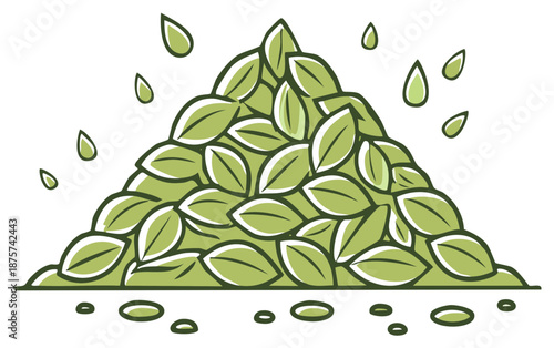 A large pile of harvested green tea leaves with natural extract drops vector icon