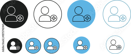 Add user icon set in circular buttons, profile avatar with plus sign, black and blue UI symbols for account registration, isolated vector.