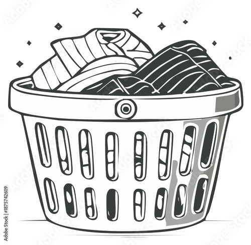 Laundry basket with clothing, clean clothes, household chores line art design
