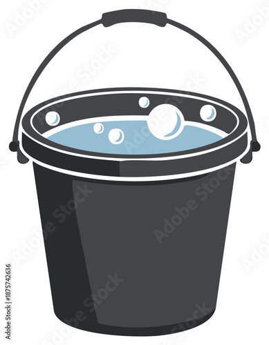 Vector illustration of a dark bucket filled with soapy water and bubbles for cleaning