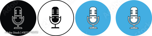 Microphone icon set in circular buttons, black and blue variants, podcast recording and voice chat symbol collection, isolated vector illustration on white.