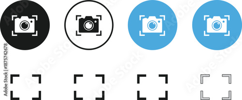 Camera focus frame icons set with capture button variations, black and blue circular UI elements, photo scanning symbol collection, isolated vector illustration.