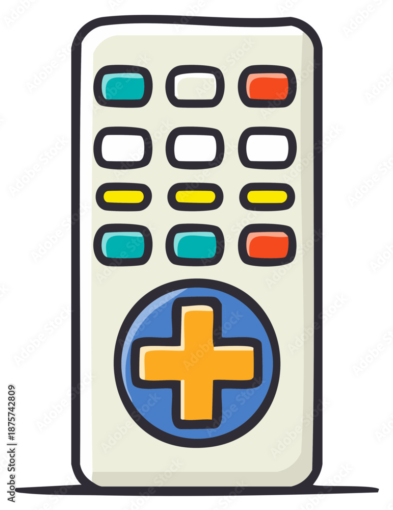 Fototapeta premium Whimsical Cartoon Remote Control Featuring Colorful Buttons and a Prominent Plus Symbol