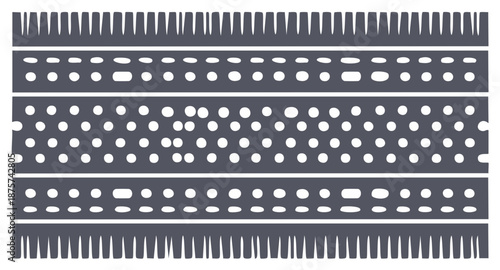 Abstract geometric seamless pattern featuring perforated stripes and jagged edge borders in gray and white