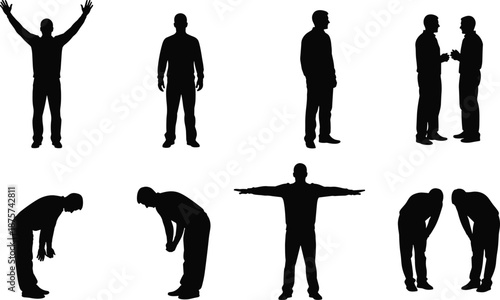 Set of male human silhouettes in different poses and gestures, standing, talking, raising hands, stretching arms, bending posture, isolated black vector collection.