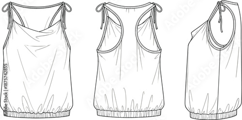 Fashion technical flat sketch of women’s sleeveless tank top with tied shoulder straps, front back and side views, apparel design template vector illustration.