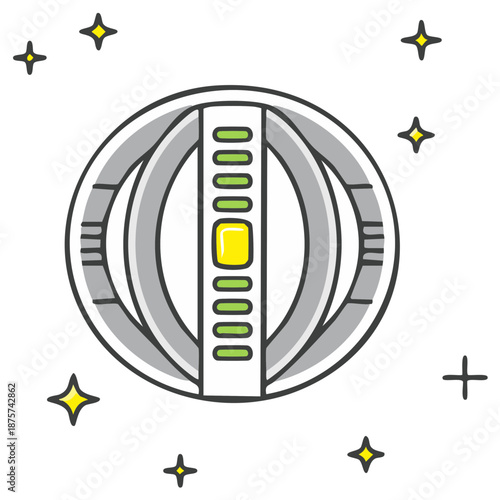 Futuristic orbital design with star shapes and geometric details.