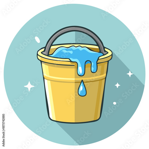 Yellow Cleaning Bucket Filled with Blue Water and Sparkles Graphic Illustration