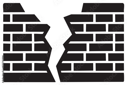 Abstract black and white graphic icon of a broken brick wall with a large jagged crack