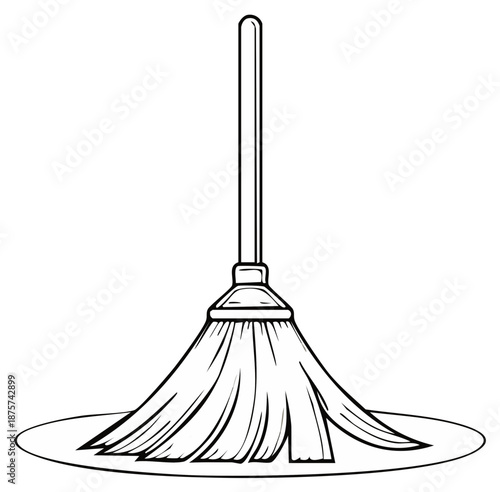 Outline illustration of a mop cleaning a floor with a handle for sanitation and hygiene maintenance.