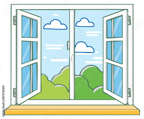 Open window illustration with clouds, trees, sky, sunshine, and fresh air outdoors.
