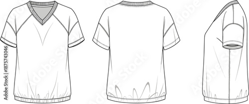 V neck t shirt technical fashion sketch with front, back and side views, short sleeve tee template for apparel design, clothing mockup vector outline