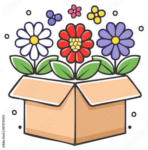 Colorful Flowers in Cardboard Box with Dots a Charming Visual Delight