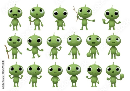 Cute green alien characters with different poses and expressions isolated on white background
