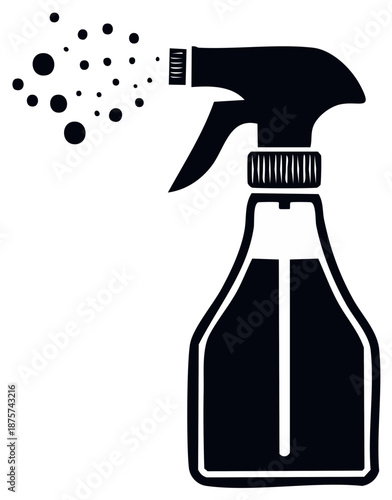 Spray bottle illustration in black and white. Cleaning product sprayer with liquid droplets.
