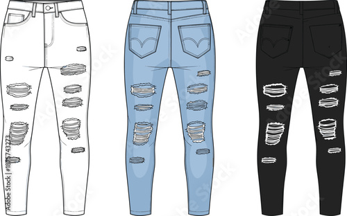 Ripped skinny jeans fashion illustration set, front view distressed denim pants in white, blue and black colors, trendy streetwear apparel design template