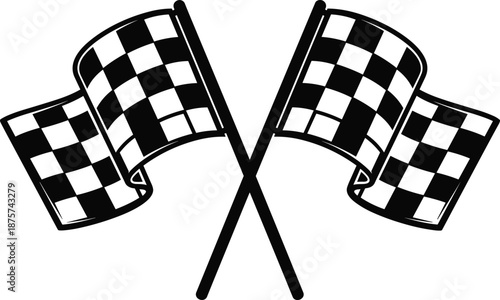 Crossed checkered racing flags illustration, black and white finish line symbol for motorsport, competition winner concept, speed event icon on white background