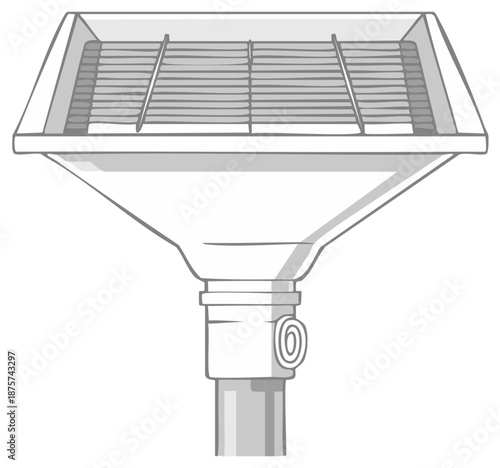 Grayscale schematic drawing of a square roof drain with a grate and funnel pipe