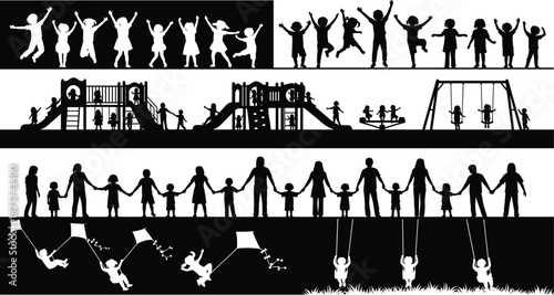Children playground silhouette activity set, kids jumping playing swinging sliding, family holding hands, childhood fun, black vector illustration