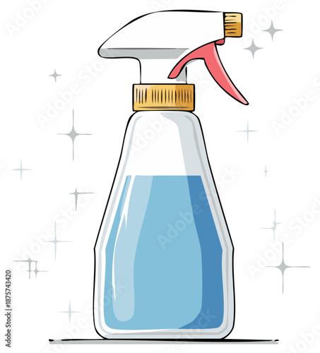 Illustration of a spray bottle with blue liquid inside. Cleaning concept.