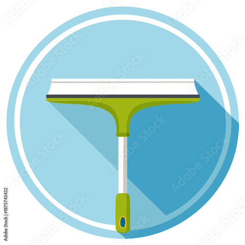 Window squeegee with long handle, cleaning supply flat icon, household equipment for washing glass, circle frame on blue backdrop