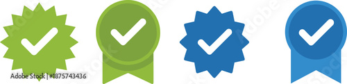 Approved check mark badges and award ribbons in green and blue, flat icon set for verified quality, success, certification, guarantee and validation labels