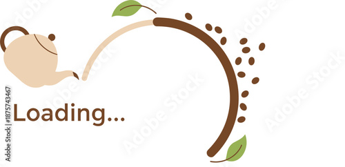 Creative loading bar concept with teapot pouring organic tea and floating coffee beans or tea leaves with green foliage