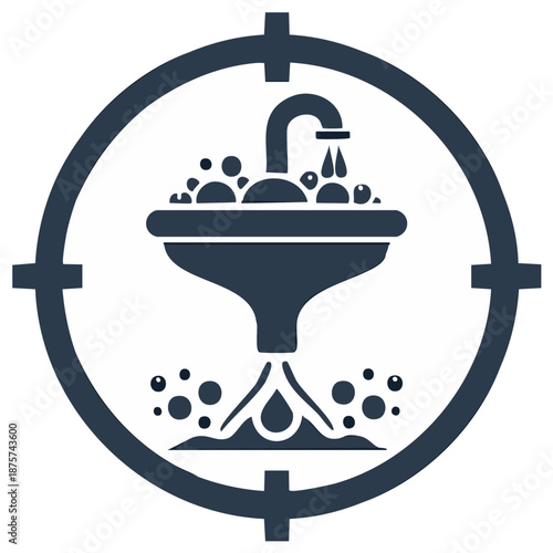 Circular target icon featuring sink faucet flowing water and draining bubbles concept
