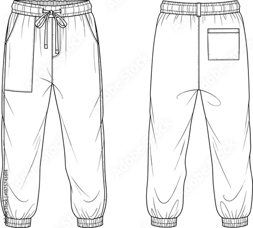 Jogger pants technical fashion sketch front and back view, elastic waistband with drawstring, cuffed ankles and pockets, apparel design template vector outline