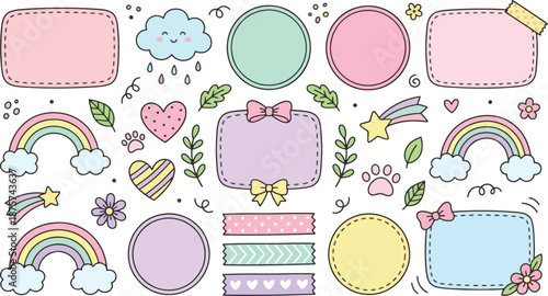 Colorful pastel sticker set with rainbows hearts and bows on white background for kids' projects