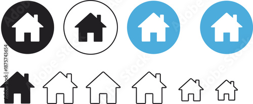 Home icon set in black and blue circle buttons with outline variations, modern flat house symbols for website UI, navigation, real estate app design