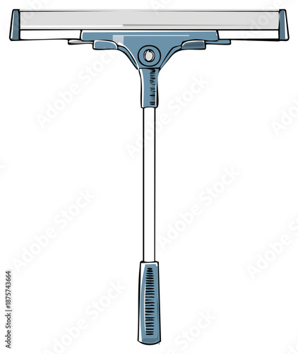 Illustration of a squeegee for cleaning windows with a long handle and blue details.