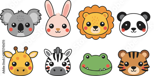 Cute safari animal faces collection with koala rabbit lion panda giraffe zebra frog and tiger stickers for children nursery design