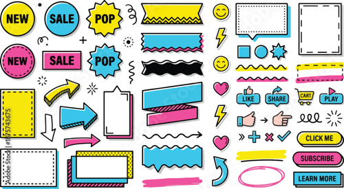 Colorful hand drawn vector graphic elements for social media and marketing campaigns with text and shapes