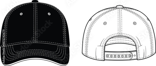 Baseball cap template front and back view, black and white outline vector illustration, adjustable snapback hat mockup for fashion design, branding, print