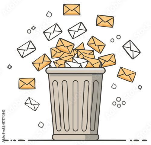 Cartoon trash bin overflowing with mail. Concept of email overload and spam.