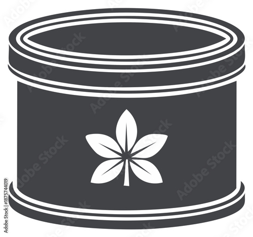 Stylized leaf emblem on a cylindrical container with clean lines