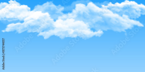 Blue sky with clouds vector nature background, cloudy weather, realistic cloudscape, heaven landscape cumulus effect