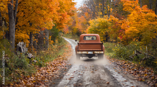 4K Vintage orange pickup truck driving down a dirt road lined with vibrant autumn trees and fallen leaves in the countryside image