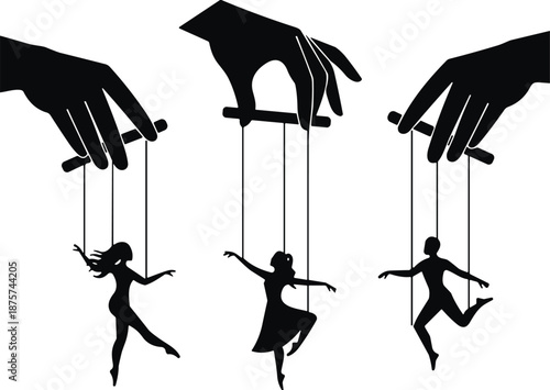 Black silhouette of hands controlling human puppets with strings, concept of manipulation, control, authority, influence, and leadership in society, vector,