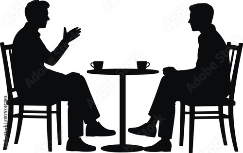 Black silhouette of two men sitting at a small round table having a conversation over coffee, business meeting or interview,