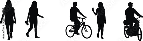 Black silhouettes of people walking and riding bicycles, urban commuters on the move, pedestrians and cyclists traveling, active lifestyle icons,