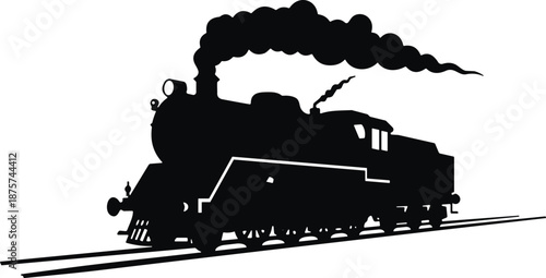 Black silhouette of a vintage steam locomotive train on tracks with smoke, antique railway transportation icon, classic engine vector illustration,