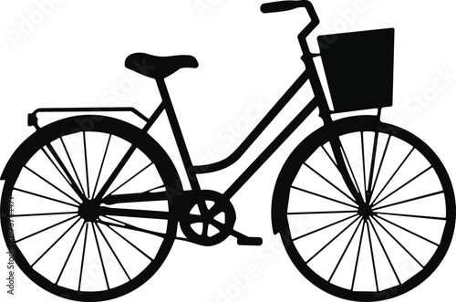 Black silhouette of a classic city bicycle with front basket, female cruiser bike icon isolated on white background, eco transportation,